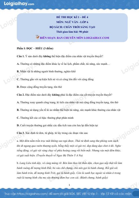 Đề thi học kì 1 Văn 6 Chân trời sáng tạo - Đề số 4